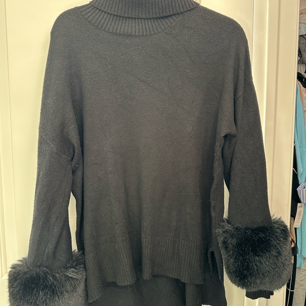 Saks Fifth Avenue Black Turtleneck Sweater with Faux Fur Cuffs